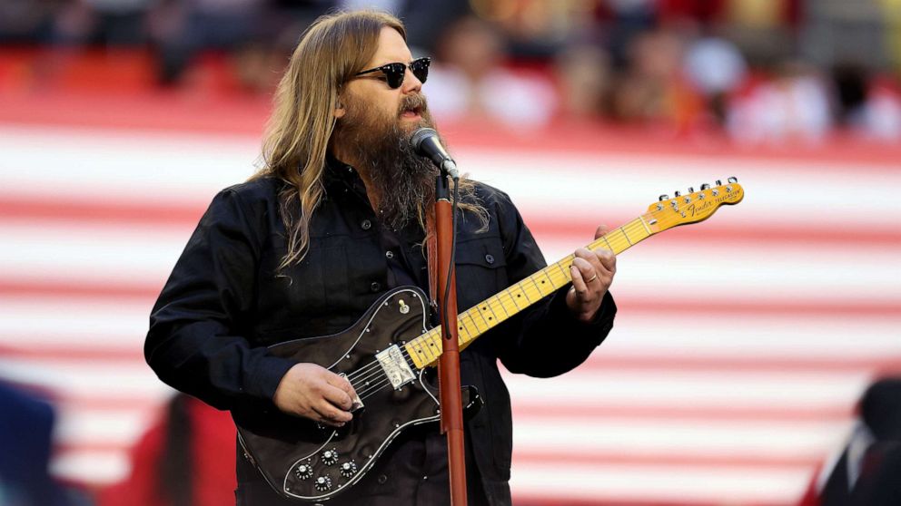 PHOTO: Chris Stapleton performs the national anthem before Super Bowl LVII, Feb. 12, 2023, in Glendale, Arizona.