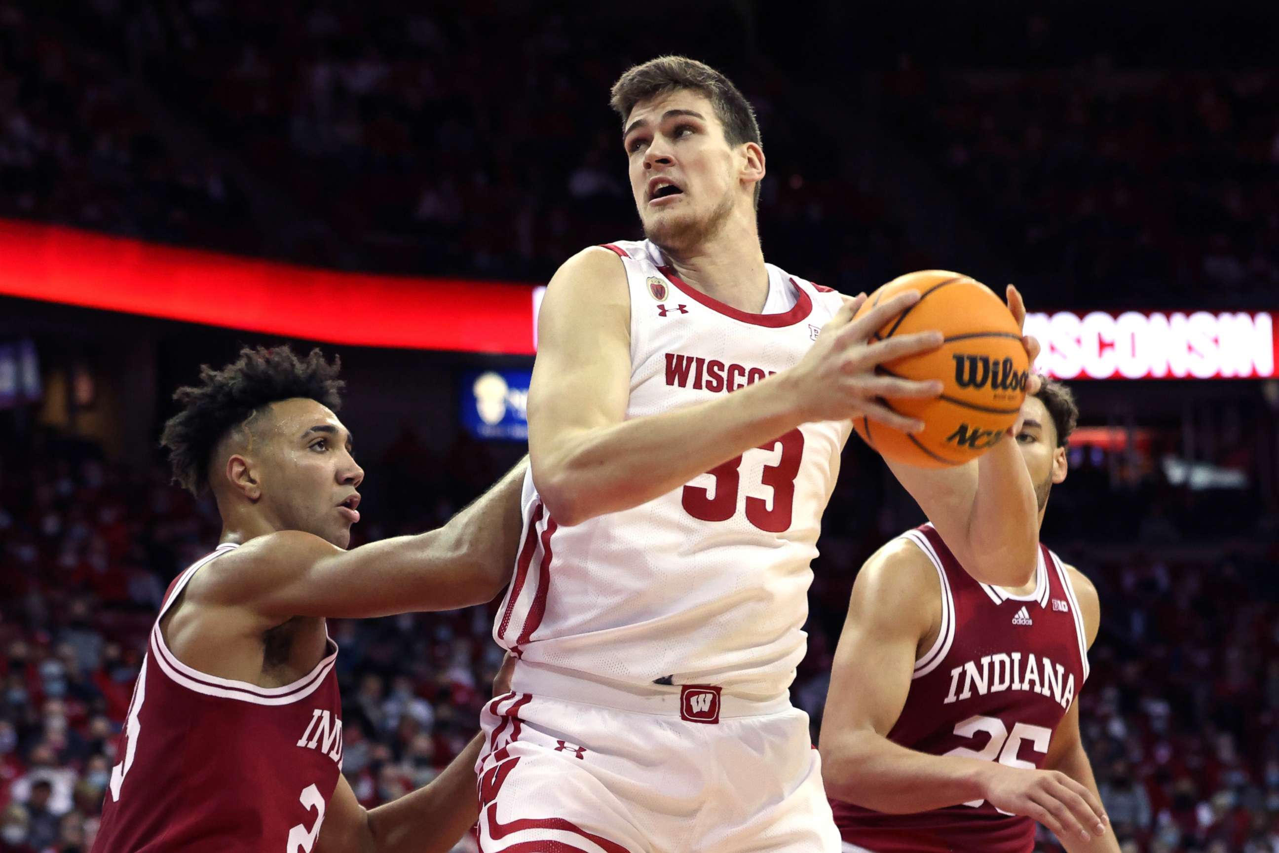 PHOTO: Wisconsin Badgers center Chris Vogt posts up during the NCAA Basketball game between the Indiana Hoosiers and the Wisconsin Badgers at the Kohl Center in Madison, Wis., Dec. 8, 2021.