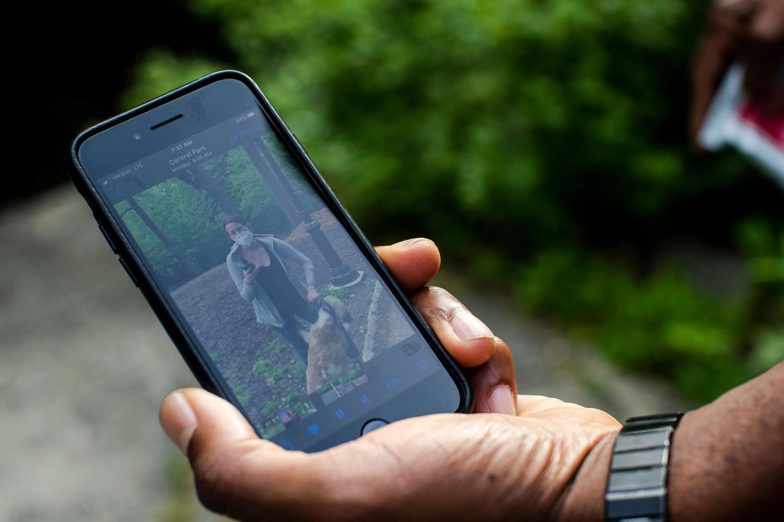 PHOTO: Christian Cooper displays a video recording of Amy Cooper on his smartphone in New York's Central Park on May 27, 2020.