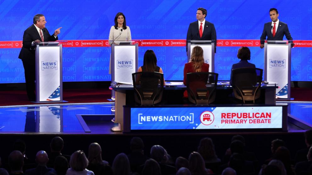 PHOTO: Republican presidential candidates former NJ Gov. Chris Christie, former U.N. Ambassador Nikki Haley, Florida Gov. Ron DeSantis and Vivek Ramaswamy participate in the Republican Presidential Primary Debate, on Dec. 6, 2023, in Tuscaloosa, Ala.