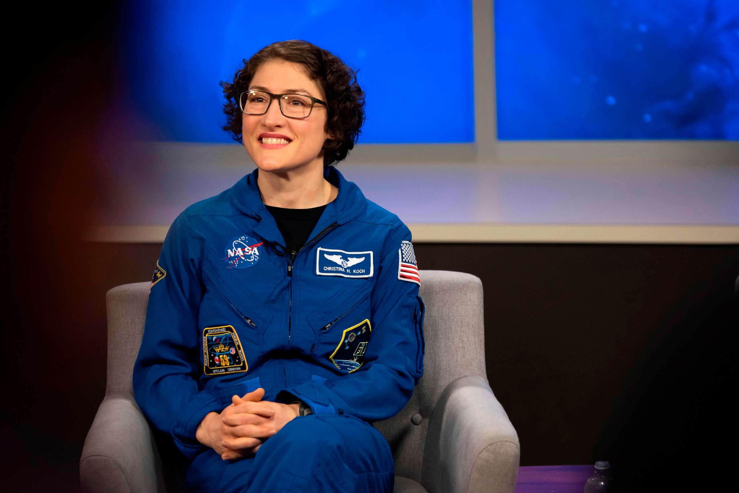 PHOTO: NASA Astronaut Christina Koch answers questions during a postflight news conference at the Johnson Space Center in Houston, Feb. 12, 2020.