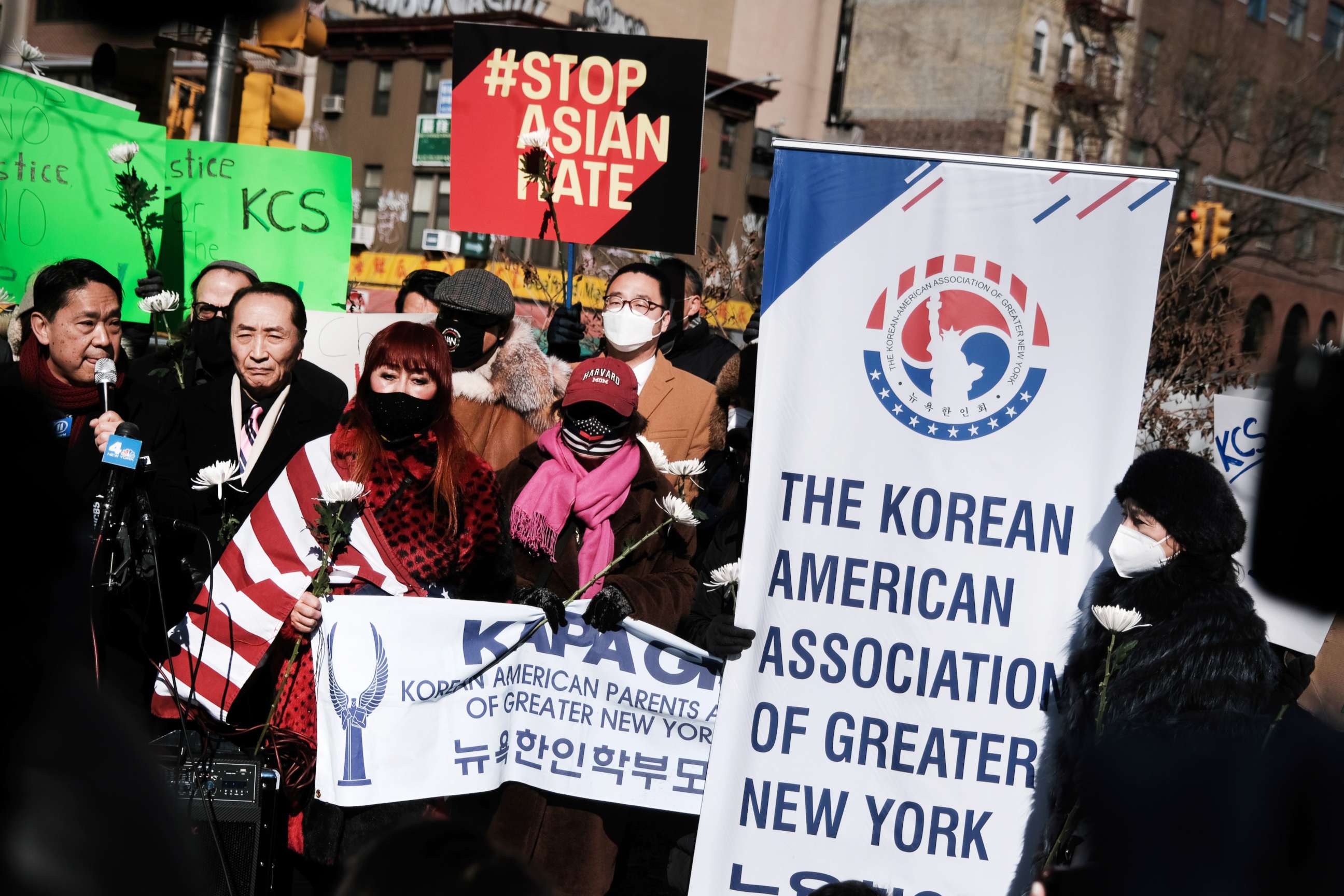 PHOTO: Members of the Korean American Association and others hold a rally and news conference near the building where Christina Yuna Lee was murdered in the early hours of February 13th after she was followed home, Feb. 15, 2022 in New York City.