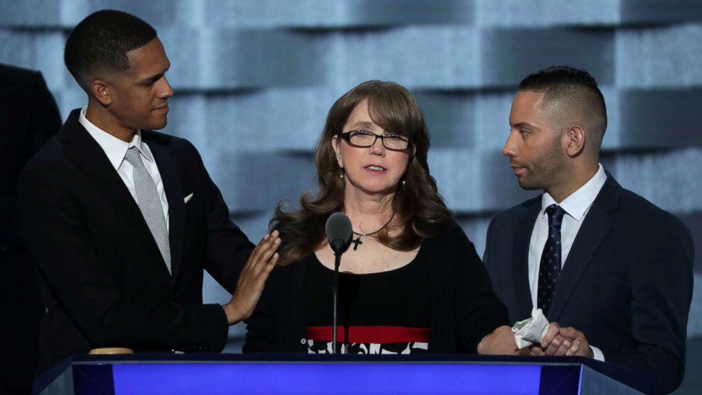 PHOTO: Christine Leinonen is comforted by Brandon Wolf (L) and Jose Arriagada (R), survivors of the attack at the Pulse nightclub in Orlando, at the Democratic National Convention at the Wells Fargo Center, July 27, 2016 in Philadelphia.
