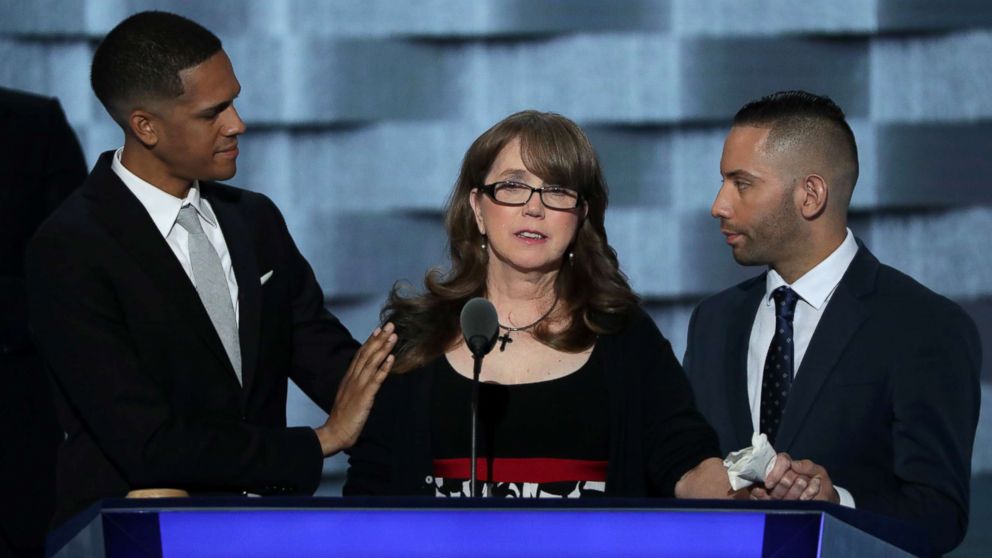PHOTO: Christine Leinonen is comforted by Brandon Wolf (L) and Jose Arriagada (R), survivors of the attack at the Pulse nightclub in Orlando, at the Democratic National Convention at the Wells Fargo Center, July 27, 2016 in Philadelphia.