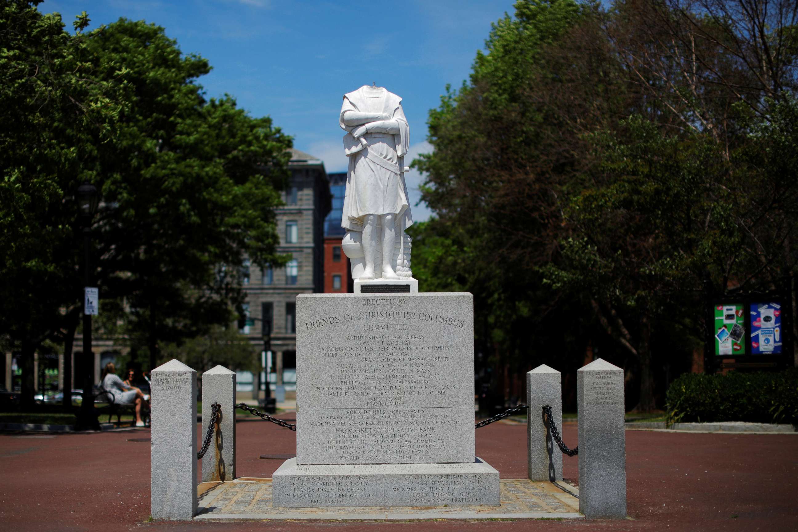 PHOTO: The head of a statue of Christopher Columbus was pulled off overnight amid protests against racial inequality in the aftermath of the death in Minneapolis police custody of George Floyd in Boston, June 10, 2020.