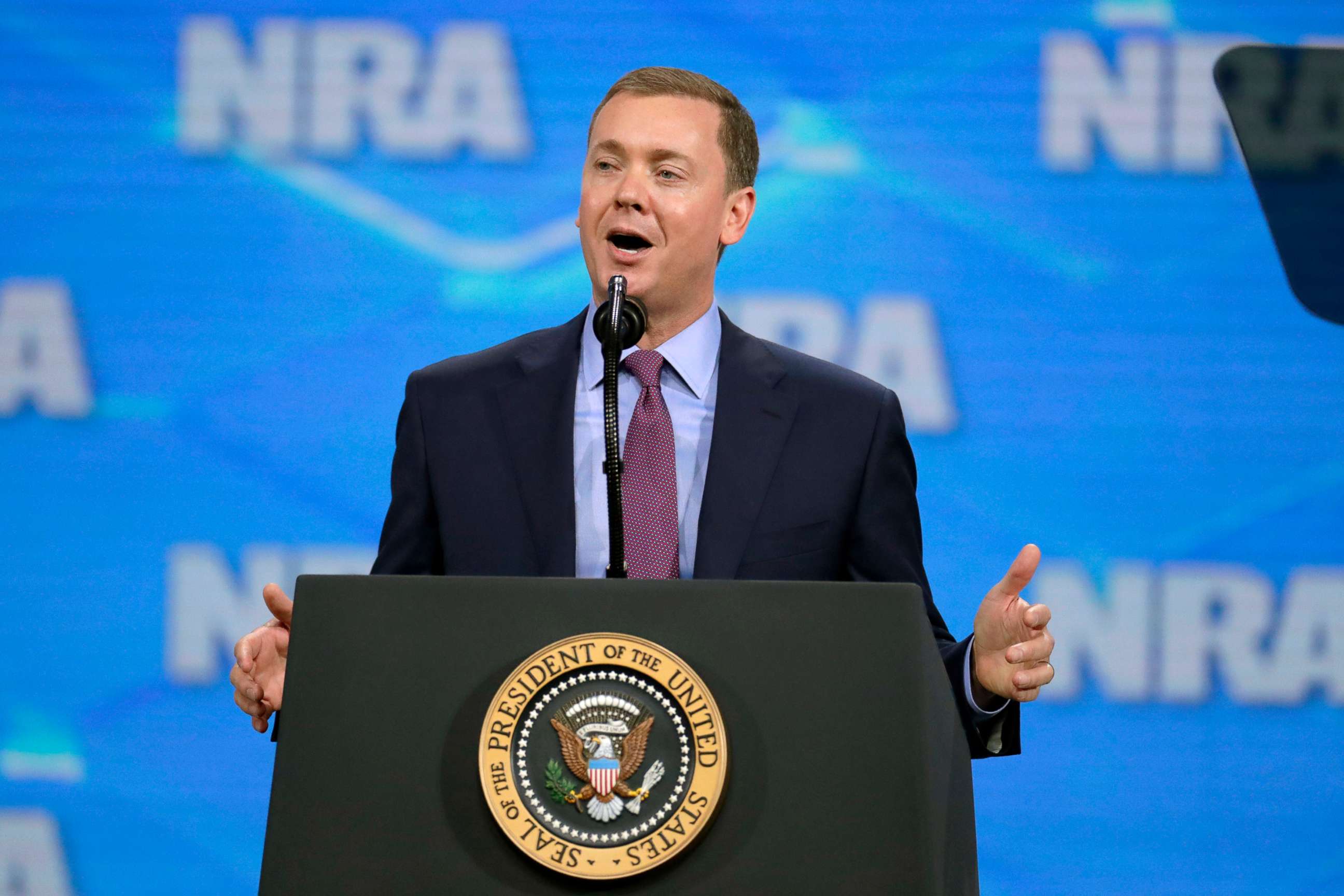 PHOTO: Nation Rifle Association Institute for Legislative Action Executive Director Christopher W. Cox speaks at the NRA-ILA Leadership Forum in Indianapolis, April 26, 2019.