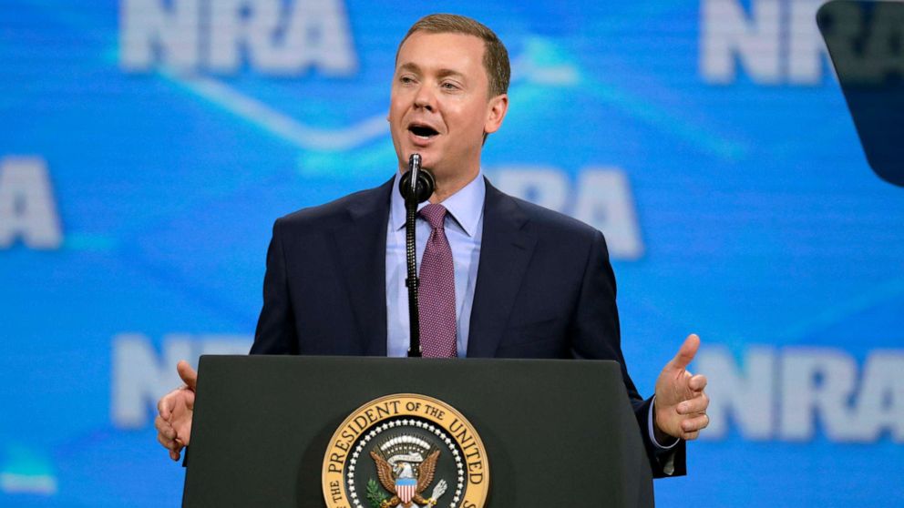 PHOTO: Nation Rifle Association Institute for Legislative Action Executive Director Christopher W. Cox speaks at the NRA-ILA Leadership Forum in Indianapolis, April 26, 2019.