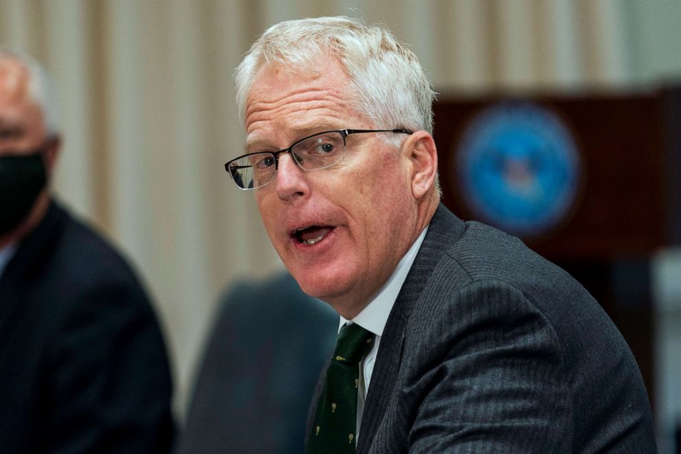 PHOTO: Then-acting U.S. Secretary of Defense Christopher Miller speaks during a meeting at the Pentagon in Arlington, Virginia, on Nov. 13, 2020.