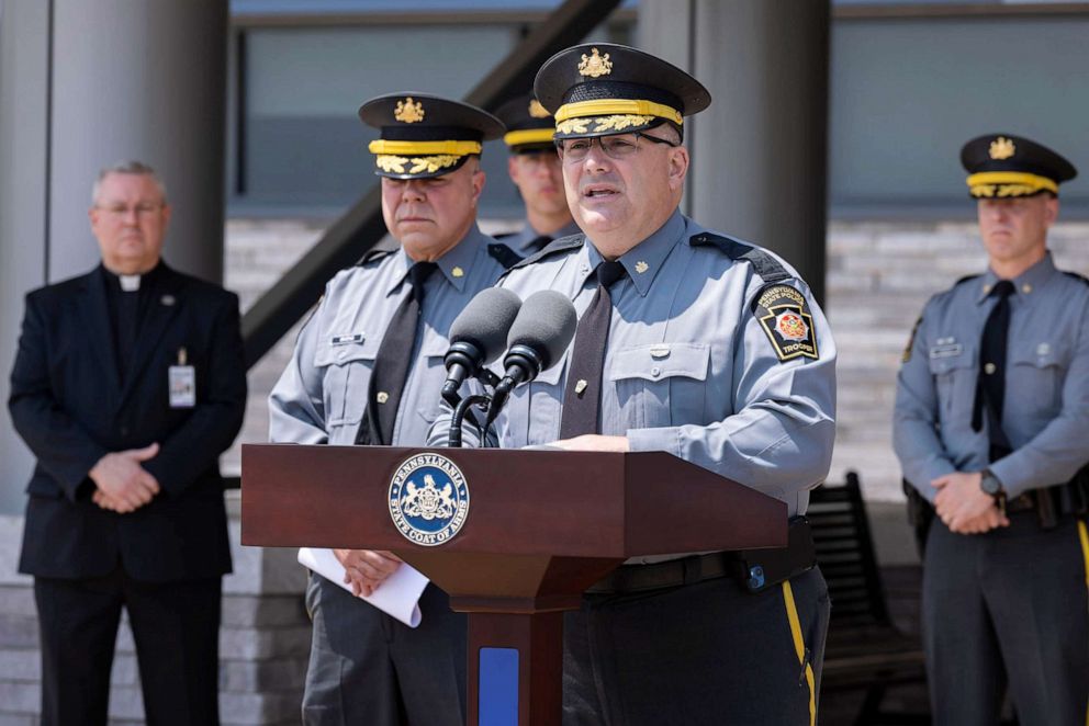 PHOTO: Pennsylvania State Police (PSP) Commissioner Christopher Paris provides an update on the two Pennsylvania State Police Troopers shot in Juniata County, in Harrisburg, PA, June 18, 2023.