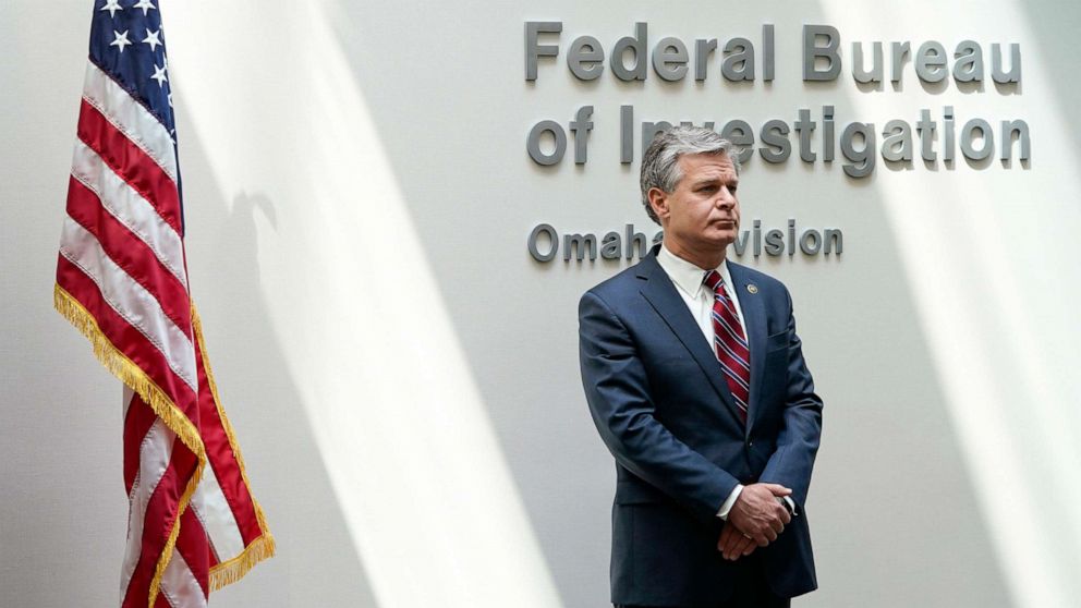 PHOTO: FBI Director Christopher Wray waits to speak at a news conference, on Aug. 10, 2022, in Omaha, Neb.