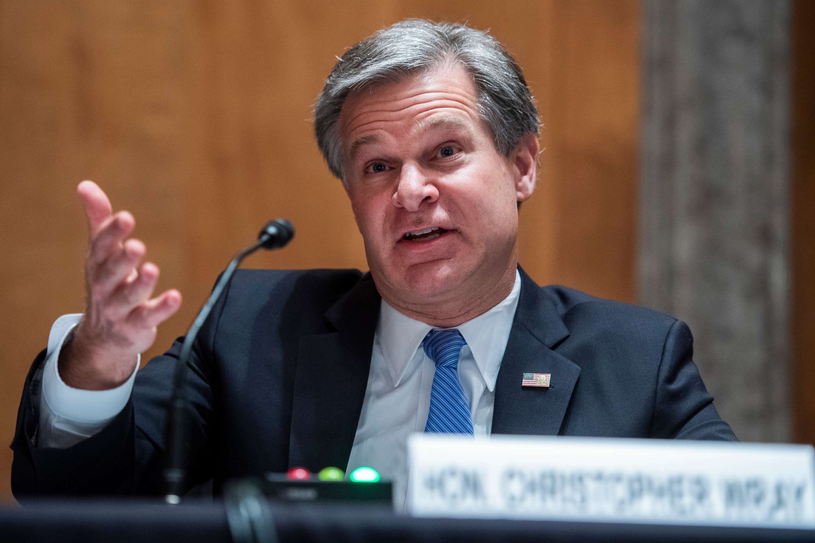 PHOTO: FBI Director Christopher Wray, testifies during the Senate Homeland Security and Governmental Affairs Committee hearing titled Threats to the Homeland, in Dirksen Senate Office Building on Sept. 24, 2020, in Washington, DC.