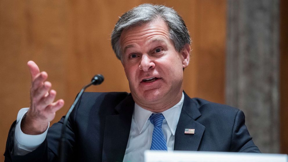 PHOTO: FBI Director Christopher Wray, testifies during the Senate Homeland Security and Governmental Affairs Committee hearing titled Threats to the Homeland, in Dirksen Senate Office Building on Sept. 24, 2020, in Washington, DC.