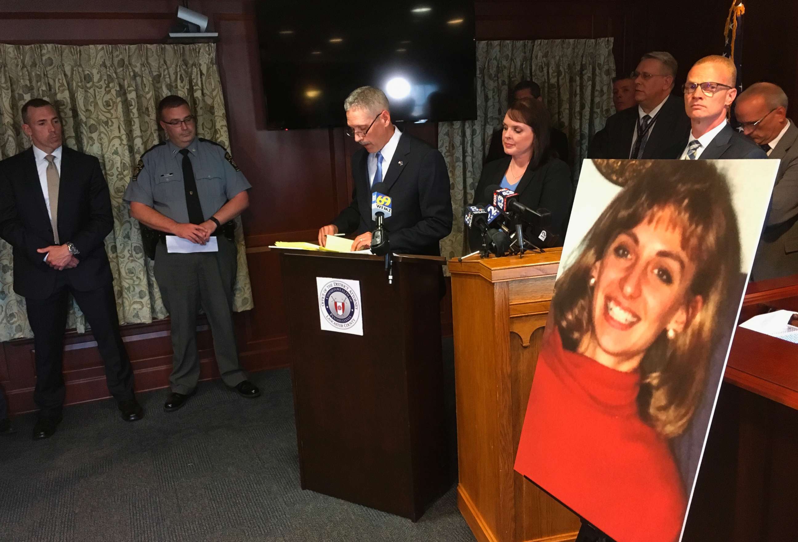 PHOTO: Lancaster County District Attorney Craig Stedman announces charges in the 1992 cold case killing of Christy Mirack during a news conference at the Lancaster County Courthouse in Lancaster, Pa., Monday, June 25, 2018.