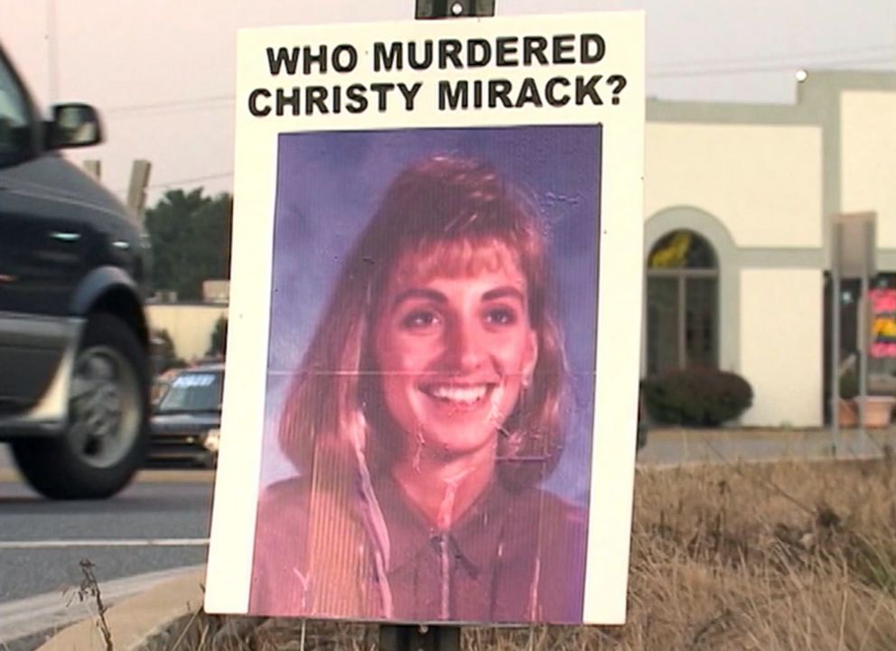 PHOTO: A sign seeking information on the 1992 murder of Christy Mirack is seen in the Lancaster, Pa., area in an image made from file video.