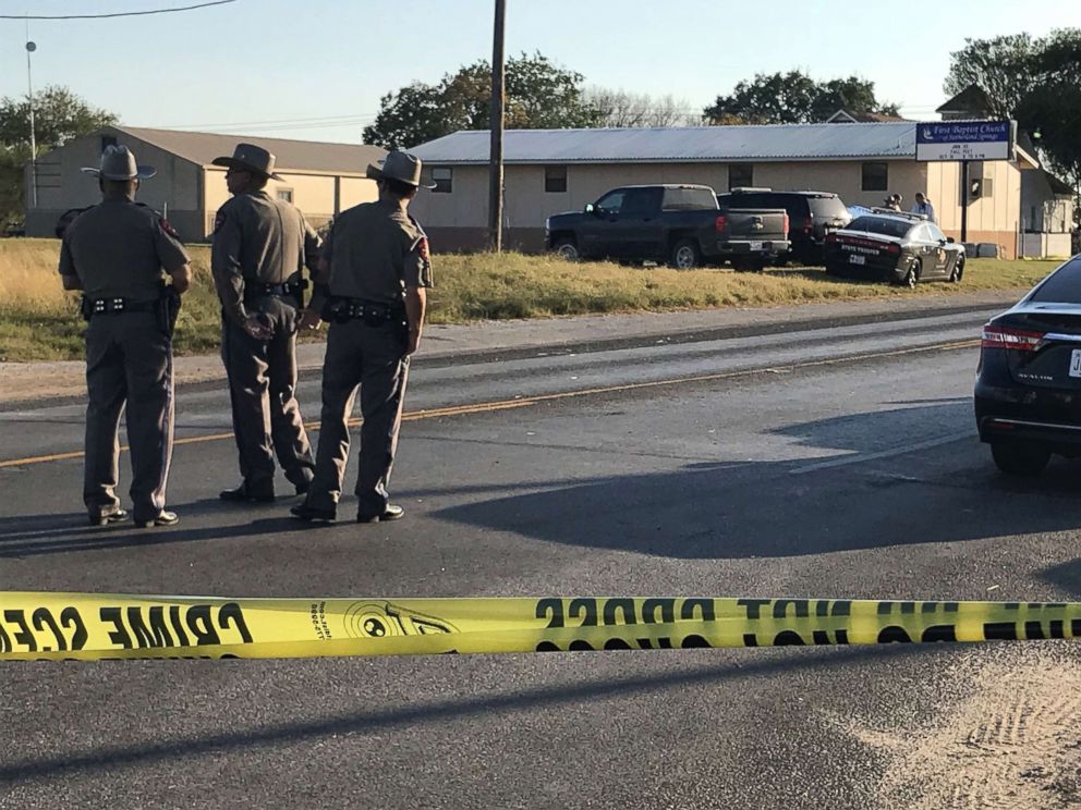 PHOTO: Police block a road in Sutherland Springs, Texas, Nov. 5, 2017, after a mass shooting at the the First Baptist Church.
