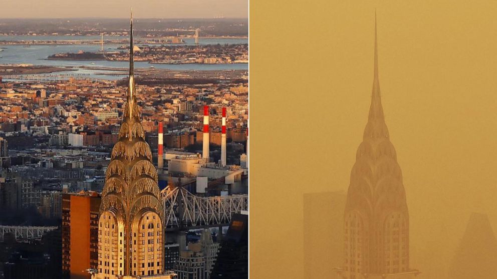 PHOTO: The Chrysler building is shown in New York on Feb. 18, 2023, and on June 7, 2023.