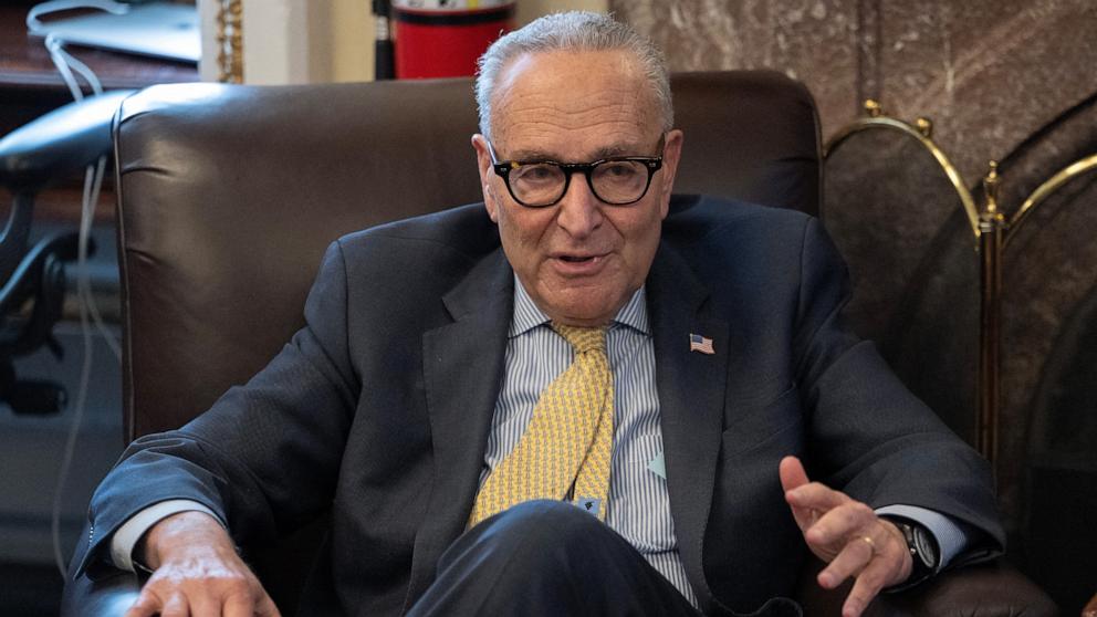 PHOTO: Senate Minority Leader Chuck Schumer, Democrat of New York, speaks to reporters on Capitol Hill, October 8, 2025 in Washington.