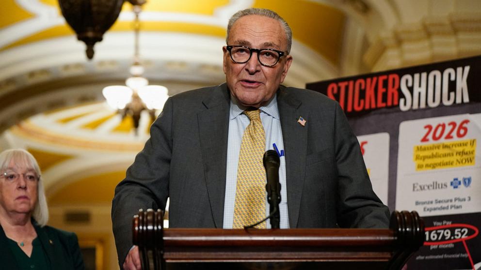 PHOTO: Senate Minority Leader Chuck Schumer speaks to reporters, as Senate Democratic leaders hold a press conference following their weekly policy lunch on Capitol Hill in Washington, October 15, 2025. 