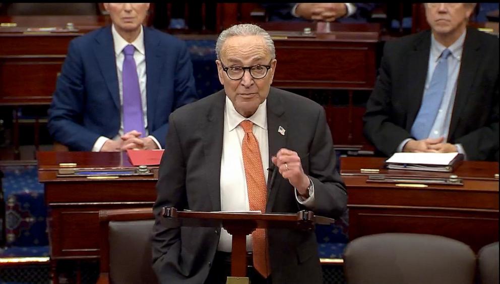 PHOTO: Senate Minority Leader Chuck Schumer speaks on the floor of the Senate in Washington, Nov. 7, 2025.