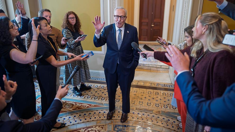PHOTO: Senate Minority Leader Chuck Schumer speaks with reporters just outside the chamber, at the Capitol in Washington, Sept. 10, 2025.