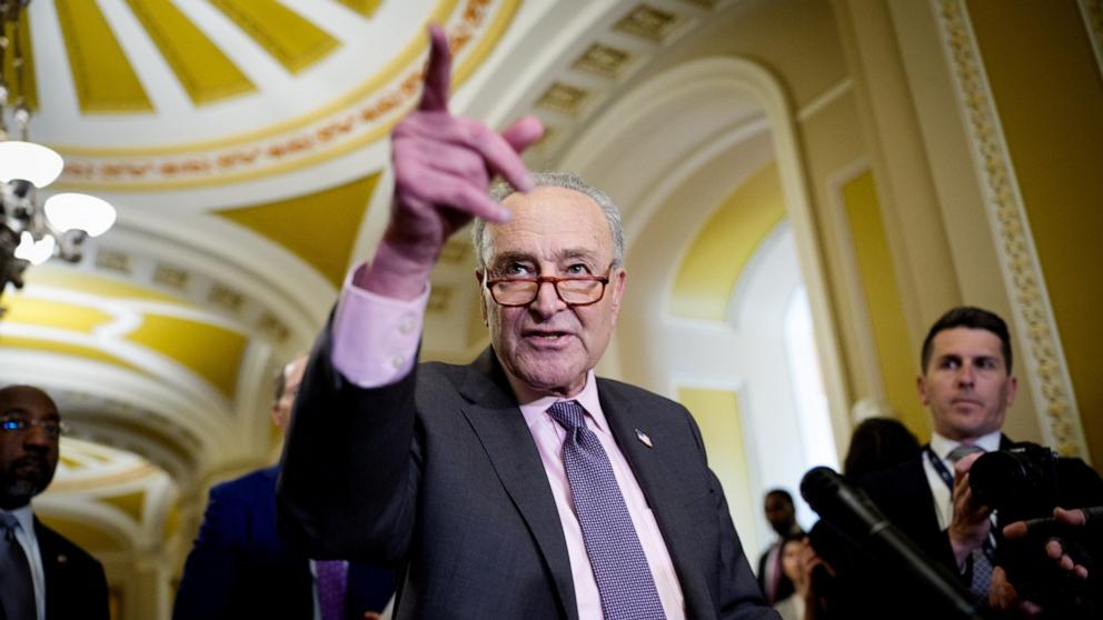 PHOTO: Senate Minority Leader Chuck Schumer takes a question from a reporter following a weekly Democratic policy luncheon at the U.S. Capitol, April 8, 2025 in Washington.
