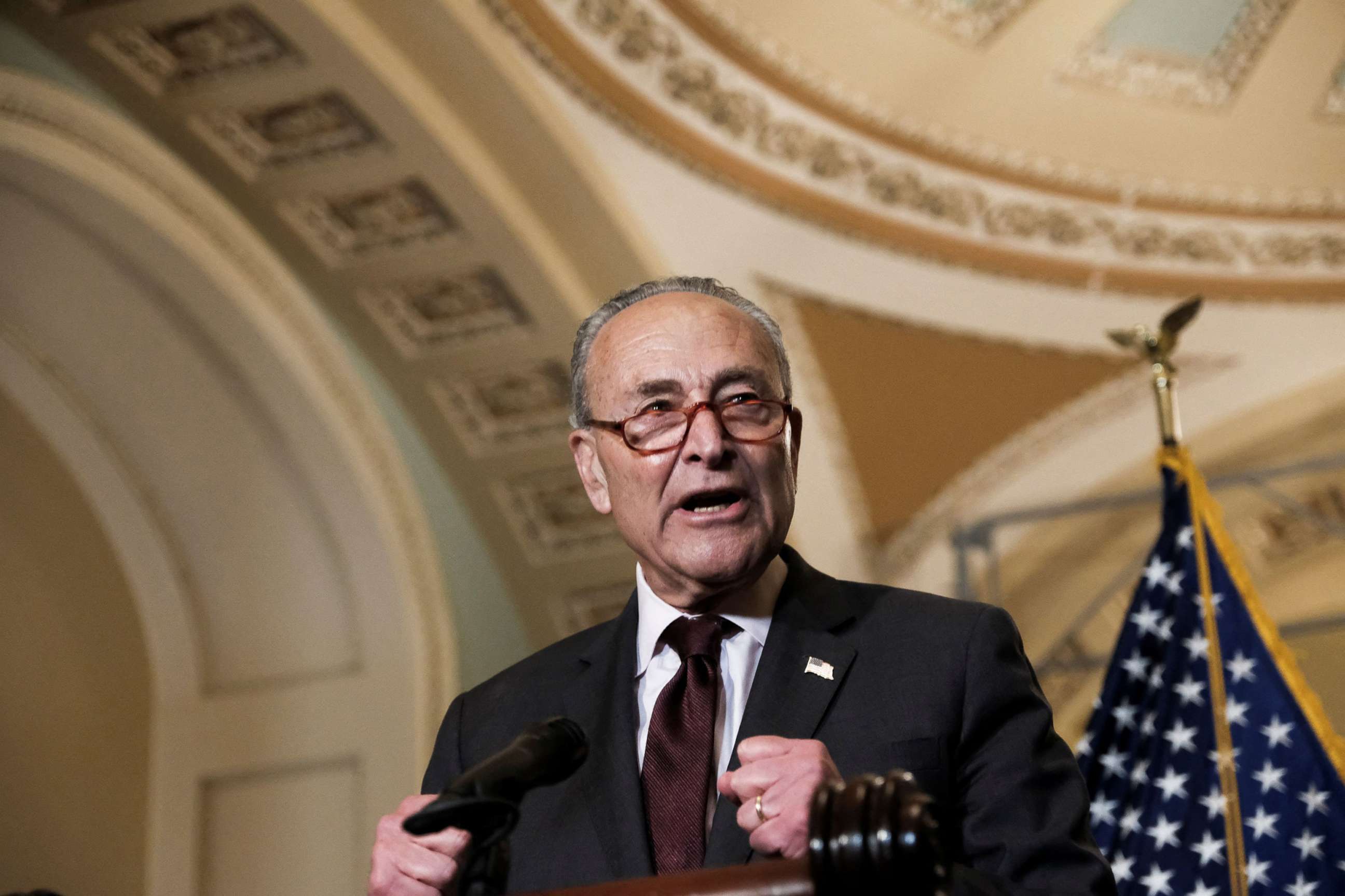 PHOTO: Senate Majority Leader Chuck Schumer speaks to reporters following the Senate Democrats weekly policy lunch at the U.S. Capitol in Washington, D.C., on May 3, 2022.