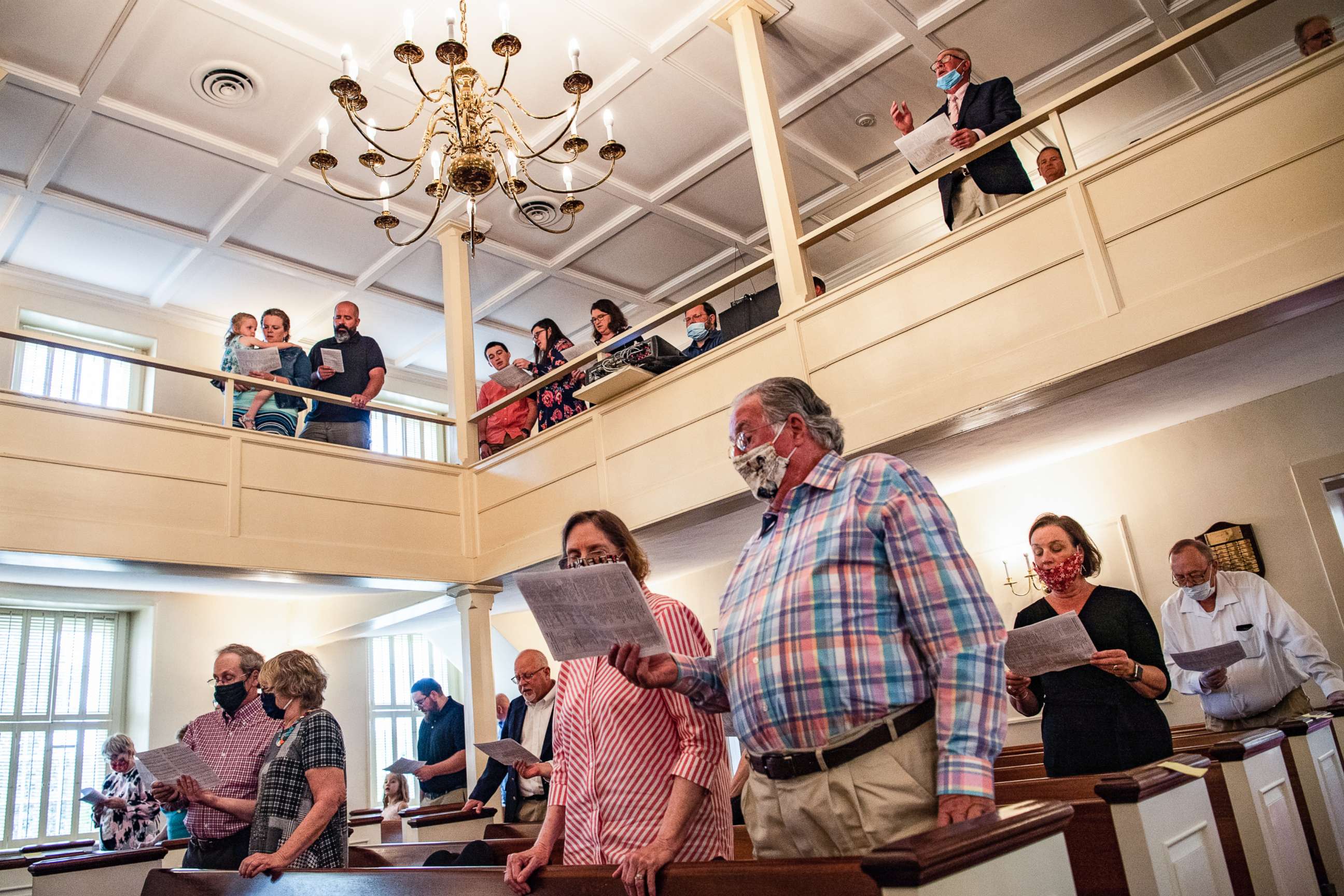 PHOTO: Worshipers wearing masks and practicing social distancing are seeing during service at Hopeful Baptist Church on Sunday, May 17, 2020, in Montpelier, VA.