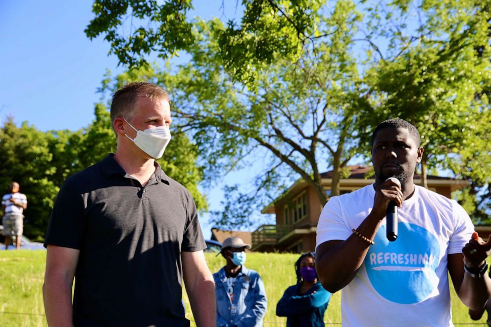 PHOTO: Pastor W. Seth Martin speaks alongside another local pastor at a prayer unity event in Phelps Park in Minneapolis, Minn. on May 30, 2020.
