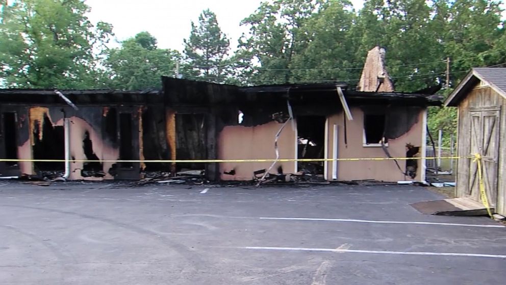 PHOTO: An image made from video shows the First Pentecostal Church of Holly Springs in Mississippi, which was burned in a fire that officials are investigating as an arson, May 20, 2020.