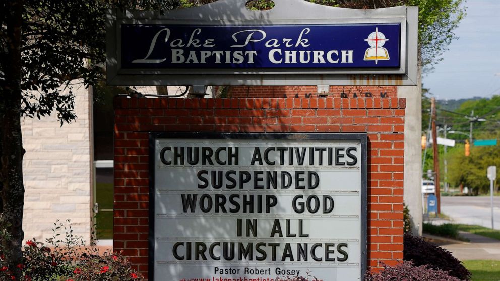 PHOTO: A view of the sign at Lake Park Baptist Church as all church activities have been suspended due to the coronavirus on March 30, 2020 in Augusta, Ga.