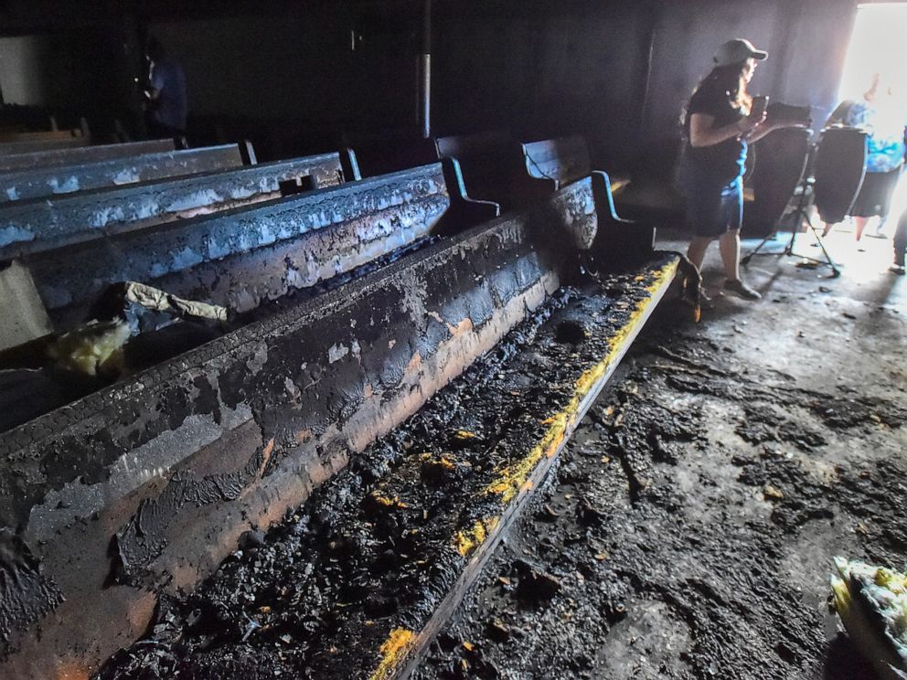 PHOTO: Benches burned as a result of a fire in Bethlehem, Pennsylvania, which was declared at the Iglesia Pentecostal Church in Bethlehem on April 23, 2019.