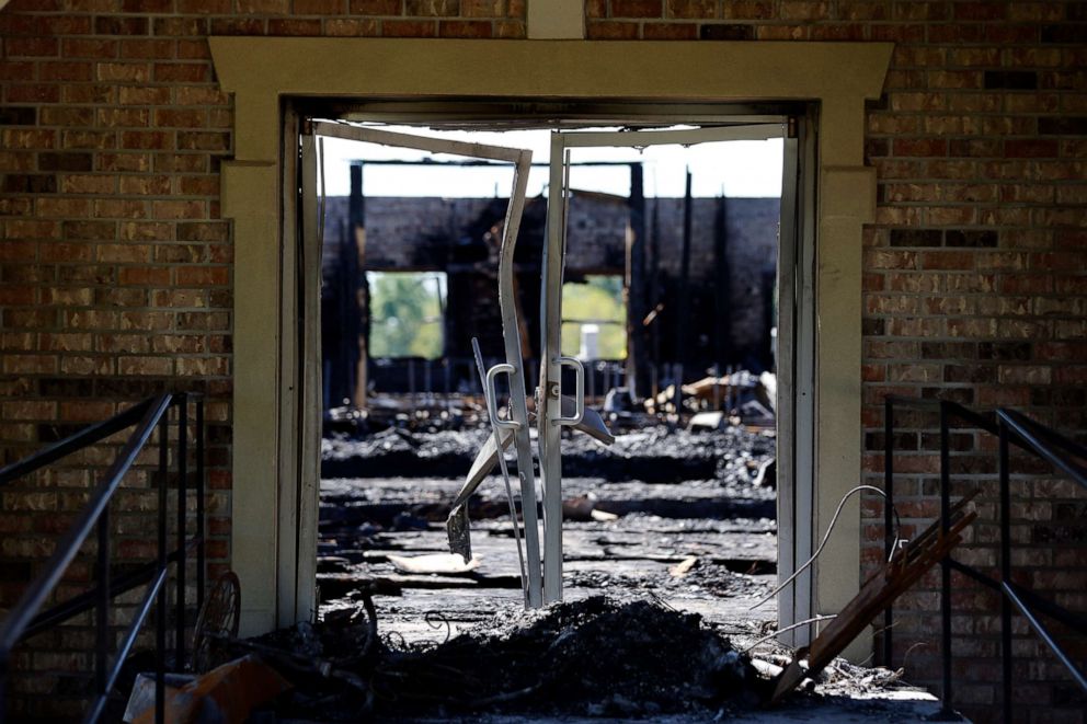 PHOTO: The burnt ruins of the Greater Union Baptist Church, one of three that recently burned down in St. Landry Parish, are seen in Opelousas, La., Wednesday, April 10, 2019.