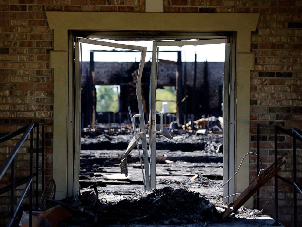 PHOTO: The burnt ruins of the Greater Union Baptist Church, one of three that recently burned down in St. Landry Parish, are seen in Opelousas, La., Wednesday, April 10, 2019.