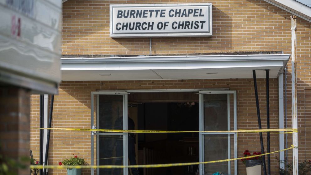 PHOTO: Law enforcement continues their investigation around the Burnette Chapel Church of Christ, Sept. 24, 2017, in Antioch, Tenn. One person was killed and seven were wounded when a gunman opened fire in the church. 