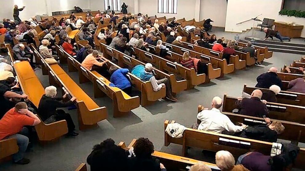 PHOTO: In this still frame from livestreamed video provided by law enforcement, churchgoers take cover after an armed man opened fire during a service at West Freeway Church of Christ, Dec. 29, 2019, in White Settlement, Texas.
