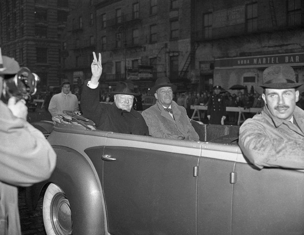 PHOTO: Winston Churchill is shown during a parade up Broadway, March 15, 1946, in New York.