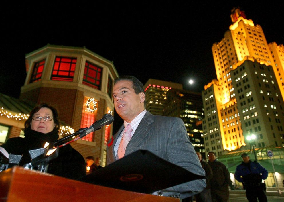 PHOTO: Mayor David Cicilline speaks in front of the Providence's Skating Rink, which is illuminated (RED) in honor of World AIDS Day, Dec. 1, 2009, in Providence, R.I. 