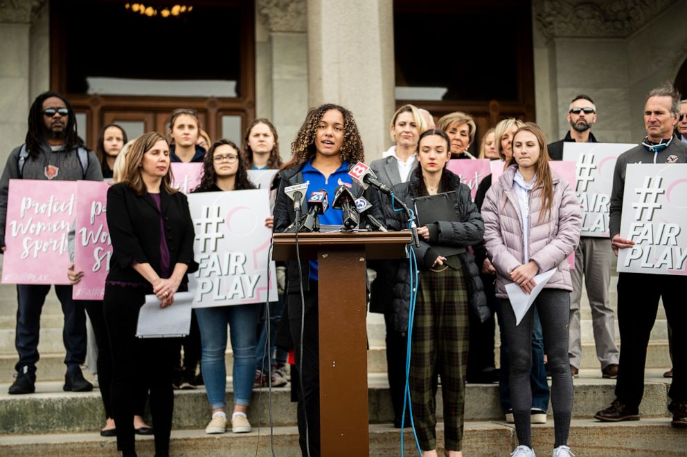 PHOTO: Danbury High School sophomore Alanna Smith speaks during a press conference at the Connecticut State Capitol Wednesday, Feb. 12, 2020, in downtown Hartford, Conn.