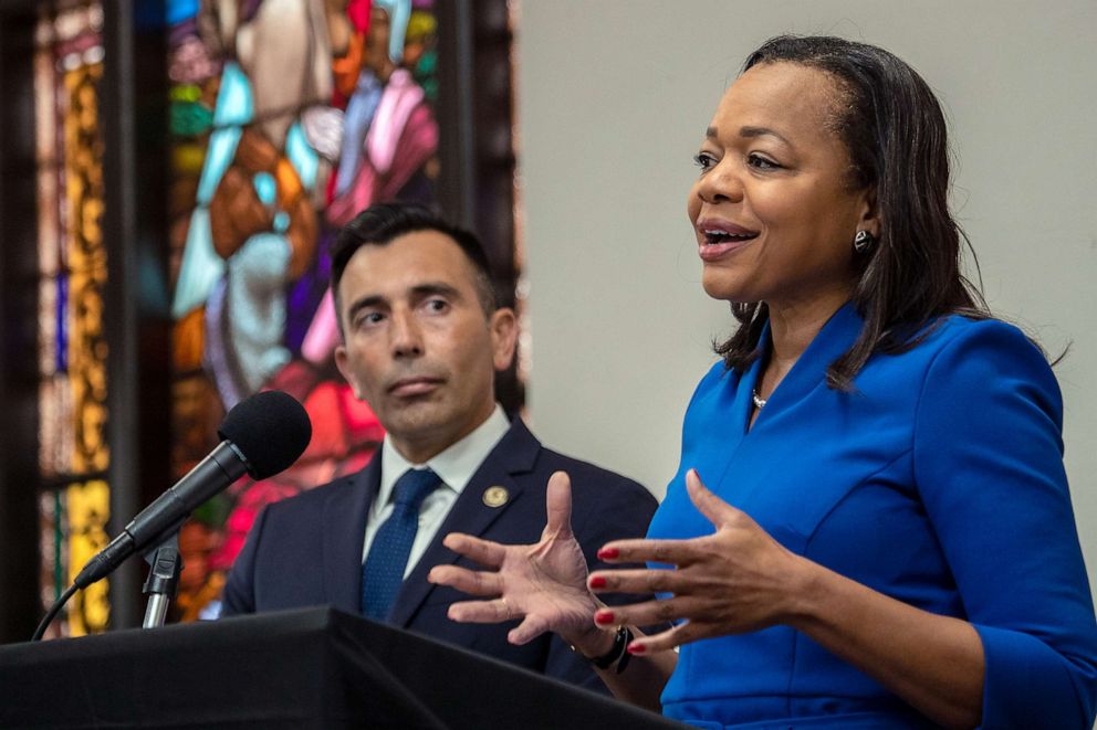 PHOTO: Assistant Atty. Gen. Kristen Clarke, right, and U.S. Atty. Martin Estrada announce a proposed settlement of the governments lending discrimination lawsuit against City National Bank, at a press conference held on Jan. 12, 2023 in Los Angeles.