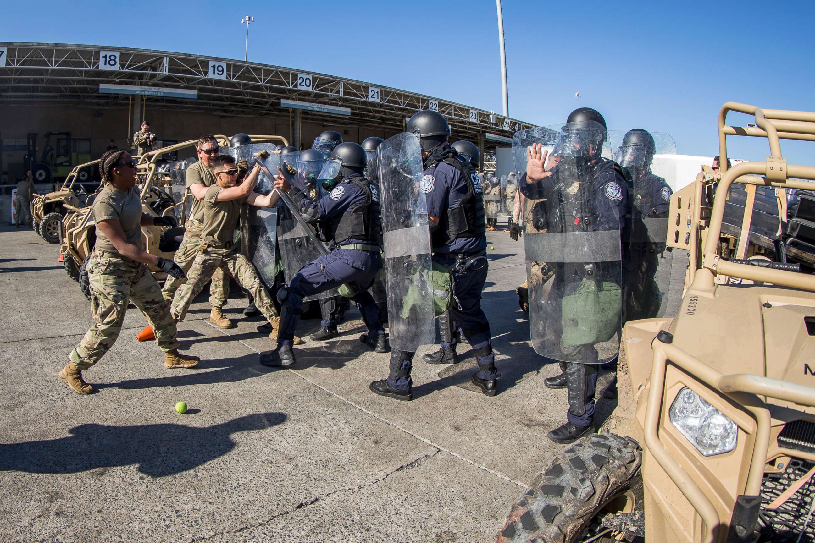 PHOTO: U.S. Soldiers with 93rd Military Police Battalion, Special Purpose Marine Air-Ground Task Force 7, simulate resistance during civil disturbance training with U.S. Customs and Border Protection (CBP) at the Otay Mesa Port of Entry, Dec. 16, 2018.