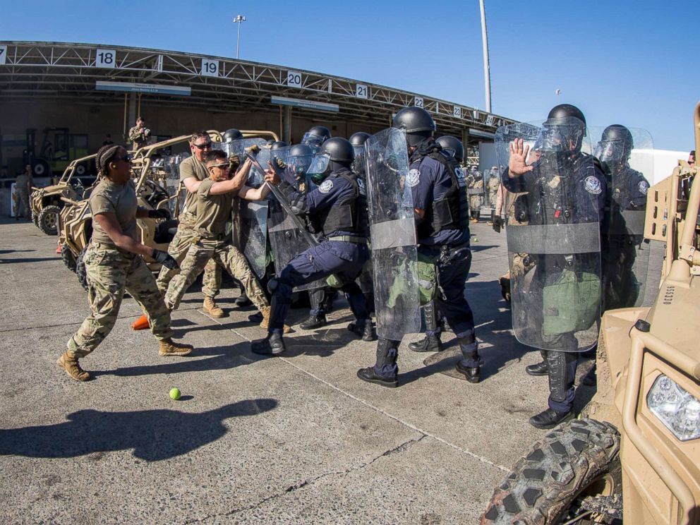PHOTO: U.S. Soldiers with 93rd Military Police Battalion, Special Purpose Marine Air-Ground Task Force 7, simulate resistance during civil disturbance training with U.S. Customs and Border Protection (CBP) at the Otay Mesa Port of Entry, Dec. 16, 2018.