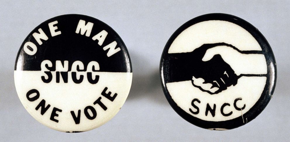 PHOTO: Two SNCC pins. Founded in 1960, the Student Non-Violent Coordinating Committee worked toward equality in everyday lives and the vote.