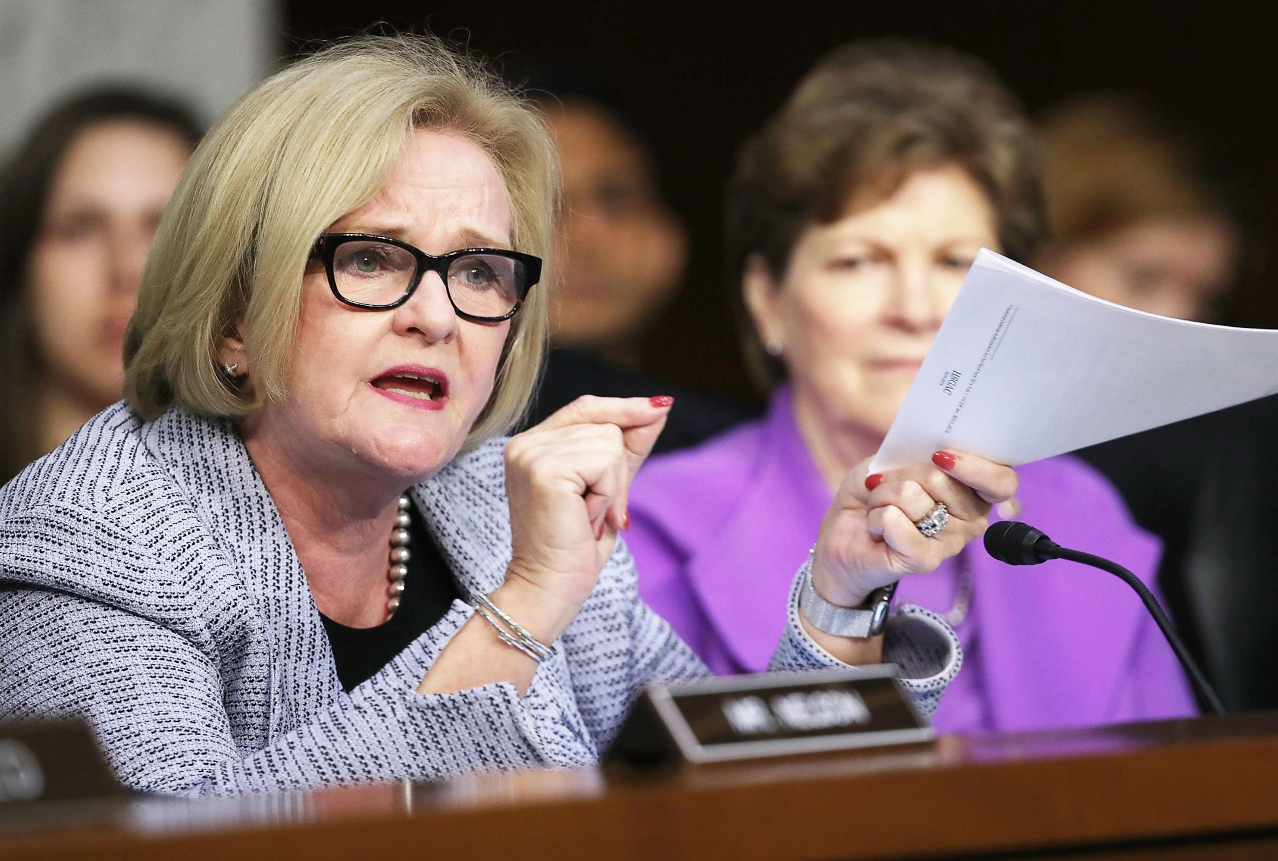PHOTO: Sen. Claire McCaskill questions Secretary of Defense James Mattis about a new report detailing procurement violations involving a defense contractor at a hearing held by the Senate Armed Services Committee April 26, 2018 in Washington.