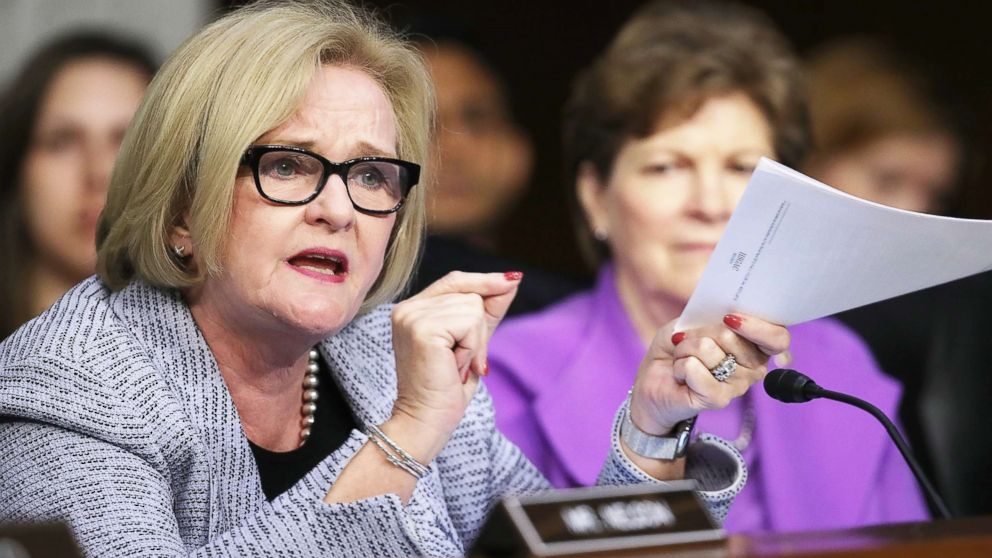 Sen. Claire McCaskill questions Secretary of Defense James Mattis about a new report detailing procurement violations involving a defense contractor at a hearing held by the Senate Armed Services Committee April 26, 2018 in Washington.