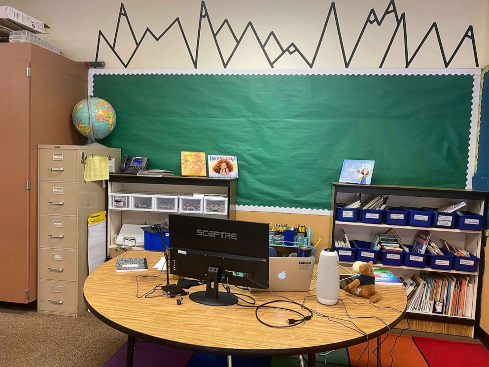 PHOTO: Third-grade teacher Kristiina Arrasmith prepares her desk to begin online instruction for students at Willow Glen Elementary School in San Jose, California, August 14, 2020.