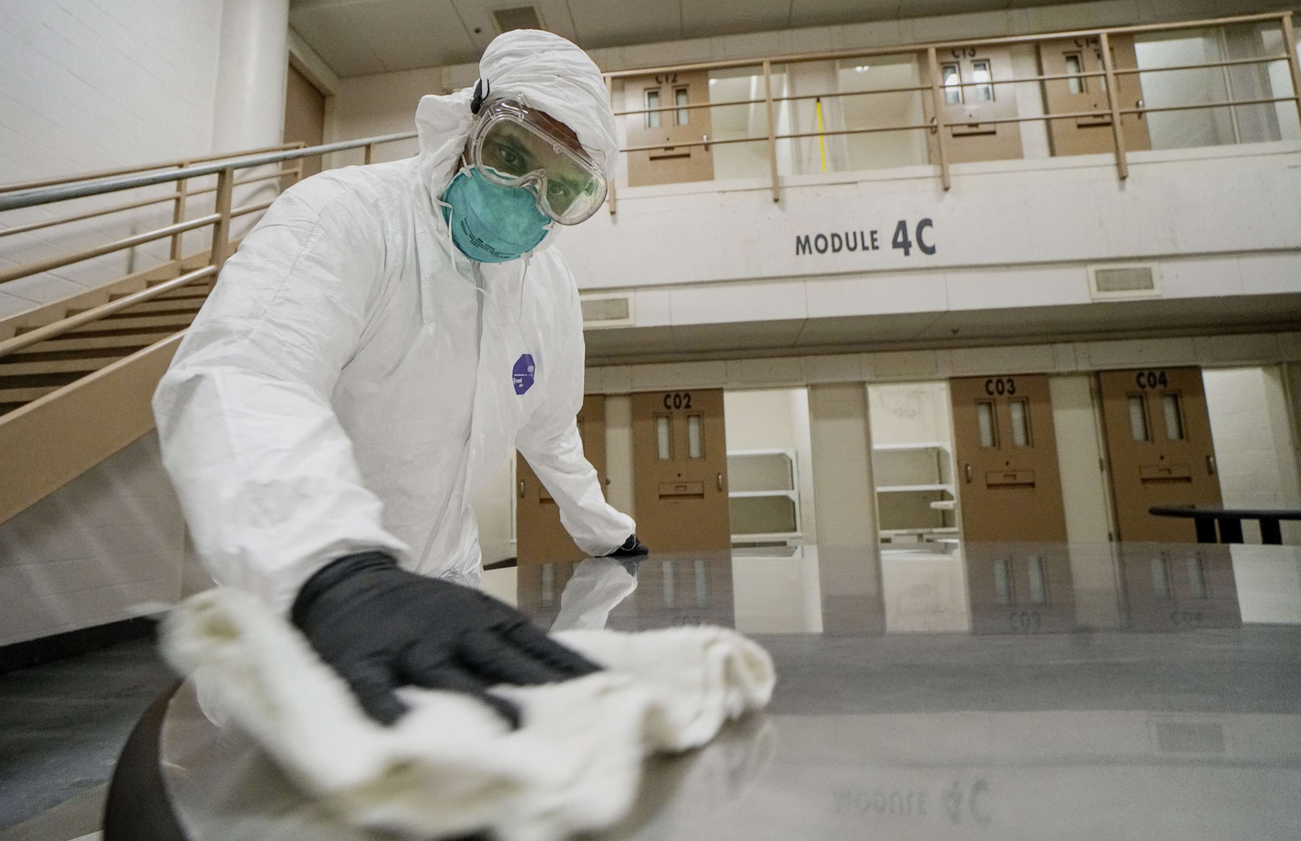 PHOTO: SAN DIEGO, CA - APRIL 24: An inmatedo  deep cleaning in a cell pod to prevent the spread of COVID-19 at the San Diego County Jail on April 24, 2020 in San Diego, California.