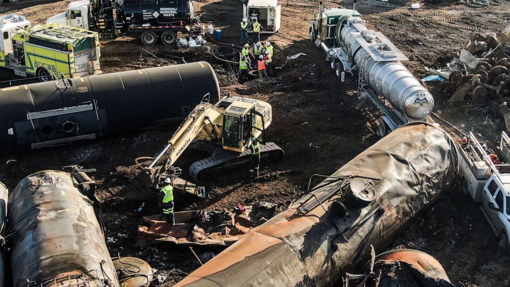 PHOTO: Workers and damaged tank cars during cleanup in the aftermath of a Norfolk Southern freight train derailment that has created concern by residents over the release of toxic chemicals in East Palestine, Ohio, Feb. 18, 2023.