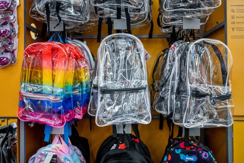 PHOTO: Clear backpacks are displayed in a Staples store, July 25, 2022, in Houston, Texas. 