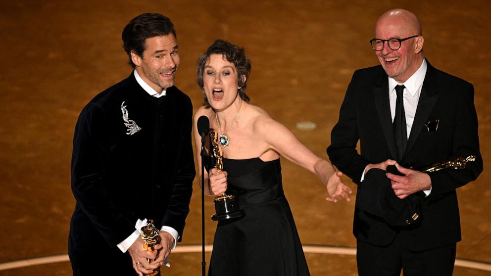 PHOTO: French composer Clement Ducol, US composer Camille and French director Jacques Audiard accept the award for Best Original Song for "El Mal" from "Emilia Perez" during the 97th Annual Academy Awards, in Hollywood, Calif., on March 2, 2025.