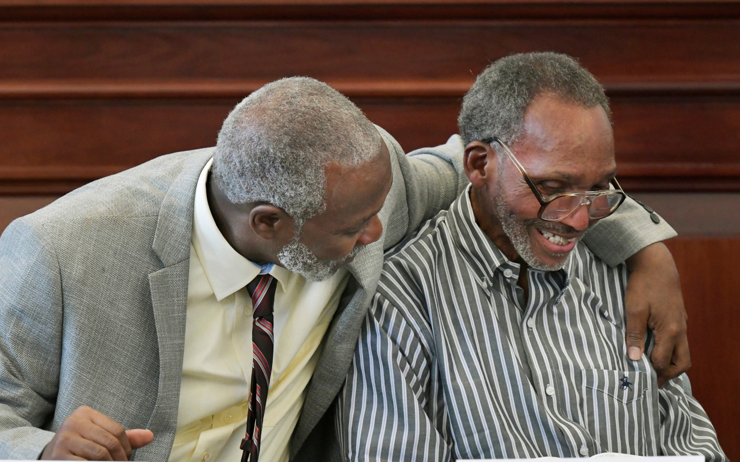 PHOTO: Nathan Myers, left, hugs his uncle, Clifford Williams, during a news conference after their 1976 murder convictions were overturned Thursday, March 28, 2019 in Jacksonville, Fla.